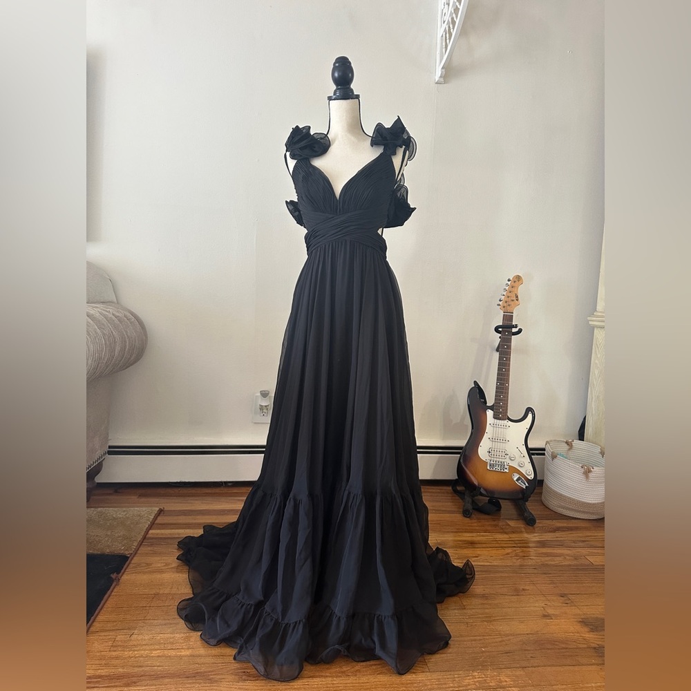 Black Ruffle Tiered Cut-Out Chiffon Gown